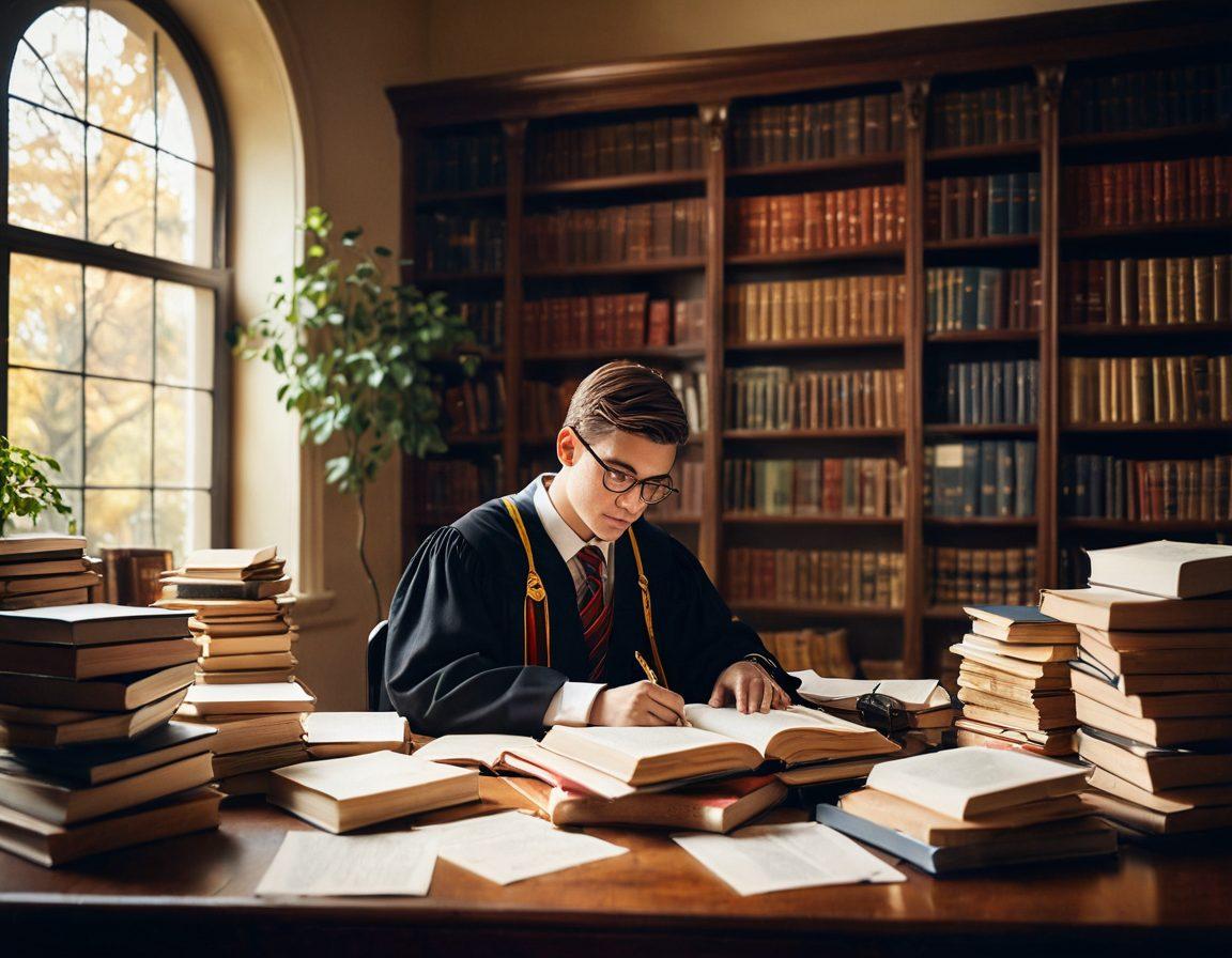 A thoughtful PhD candidate sitting at a desk covered with books and grant applications, surrounded by floating golden keys symbolizing unlocking opportunities. A bright light illuminates the scene, indicating hope and potential. In the background, a prestigious university campus with ivy-covered buildings. super-realistic. vibrant colors. soft focus.