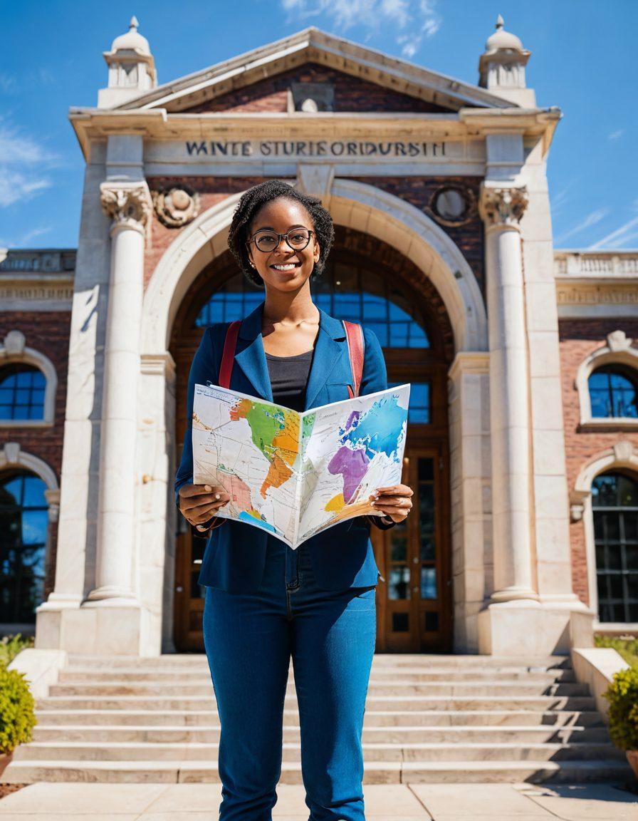 A young diverse student standing in front of a large university building, holding a map filled with marked research opportunities and funding options. In the background, banners showcasing various PhD programs flutter in the wind. The sky is bright and inspiring, symbolizing hope and new beginnings. Include elements like books and a laptop at the student's feet. vibrant colors. super-realistic.
