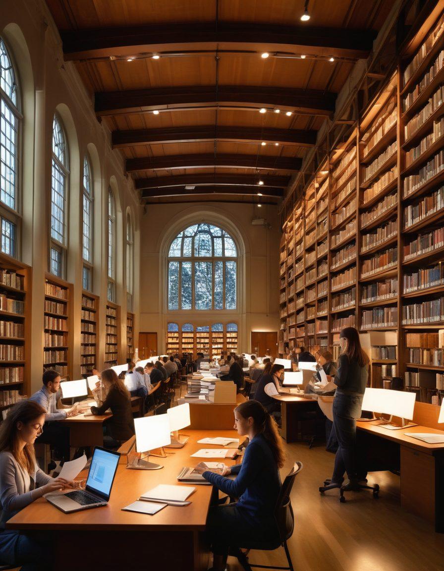 An illustrated scene of a diverse group of PhD students engaged in academic activities, surrounded by stacks of research papers and laptops. Showcase a bright, inspiring university library in the background filled with books, with a large chalkboard displaying key funding sources and opportunities. Emphasize collaboration and enlightenment with warm, inviting lighting. vector art. vibrant colors. educational theme.